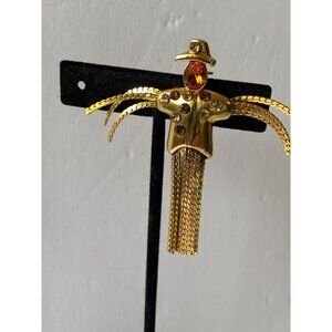 Vintage Gold-Tone Scarecrow Brooch W/ Dangling Chains & Rhinestones J0238